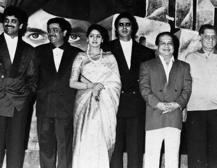 with Chiranjeevi, Sridevi, Lamikant, Amitabh and Anand Bakshi. Photo courtesy